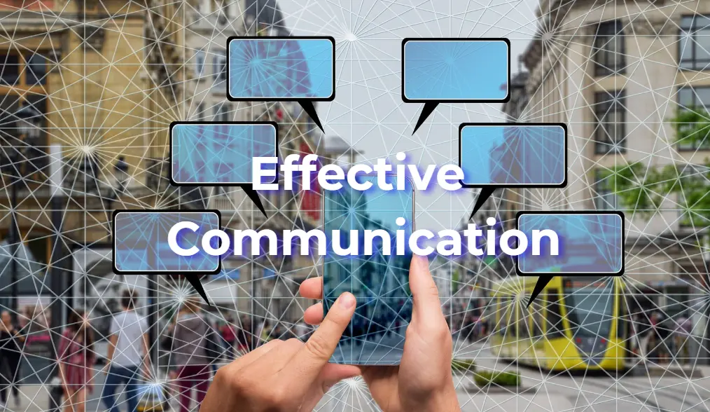 Hand touching digital interface with text bubbles and "Effective Communication" overlay.