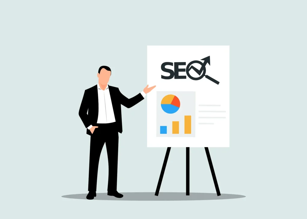 A person presenting an SEO chart with a magnifying glass icon and explaining Simple SEO Strategies