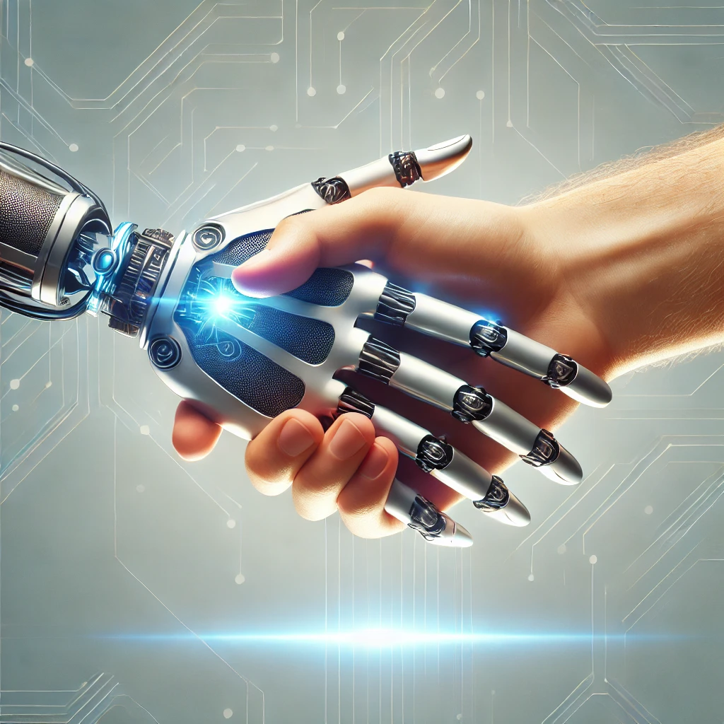 27 DiGi AI Art vs Human Art : The Ultimate Creative and Innovative Showdown 4 A human hand shakes a futuristic robotic hand, agreeing about the future of ai art vs human art. with blue light emanating from their connection against a circuit-patterned background.