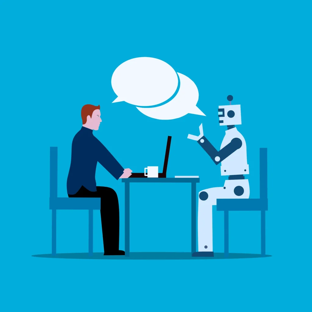 27 DiGi AI Art vs Human Art : The Ultimate Creative and Innovative Showdown 3 A robot and a person engage in conversation at a table, with a laptop and coffee cup present, set against a blue background and talking about on the topic of ai art vs human art
