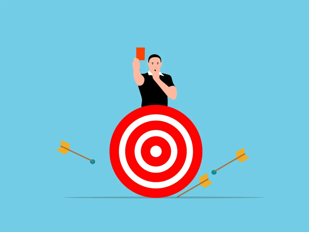 A person on a circular red target holding a red card, with arrows scattered around, against a light blue background.