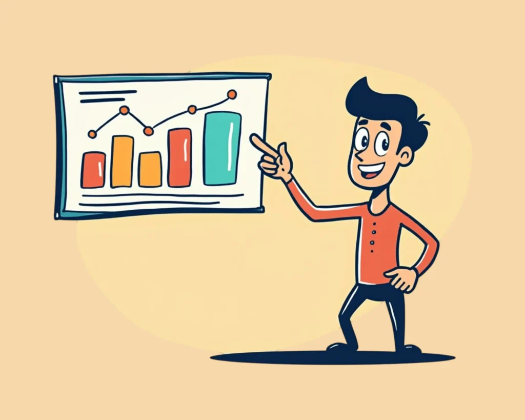 A smiling cartoon man in a red shirt stands next to a colorful bar graph, pointing at the highest bar on a presentation board and also indicating the future to achieve a fast website hosting.