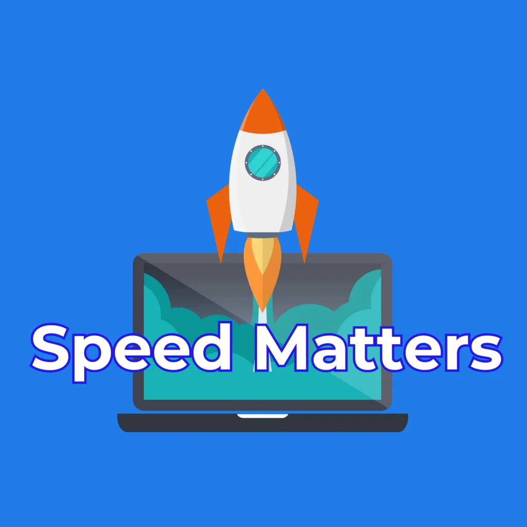 A rocket launching from a laptop screen referencing fast website hosting and also emphasizing the phrase "Speed Matters" in bold, vibrant text on a blue background.