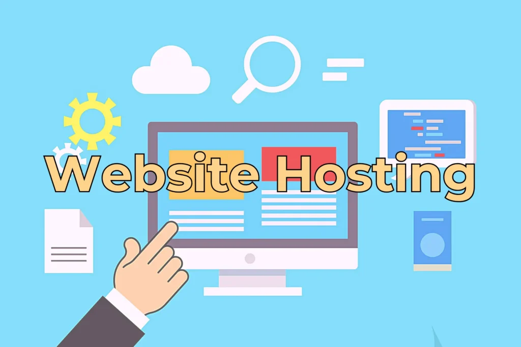 A graphic illustrating website hosting, featuring a computer screen with web content, a cloud, gear icons, and a pointing hand.
