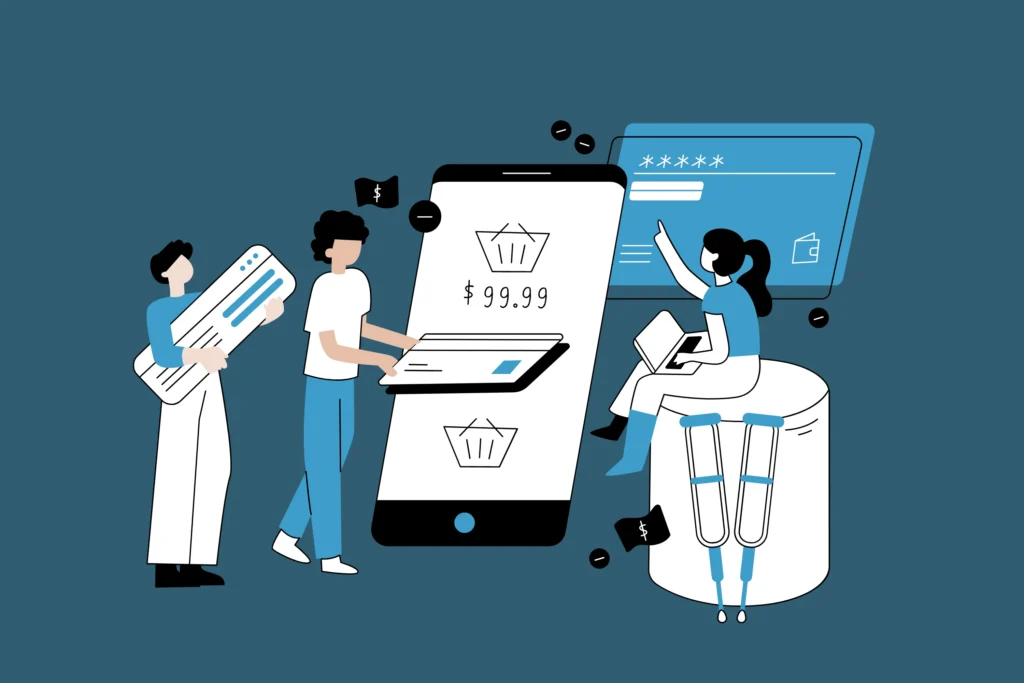 Illustration of people shopping online, featuring a smartphone with a shopping cart and payment details, amidst money icons.