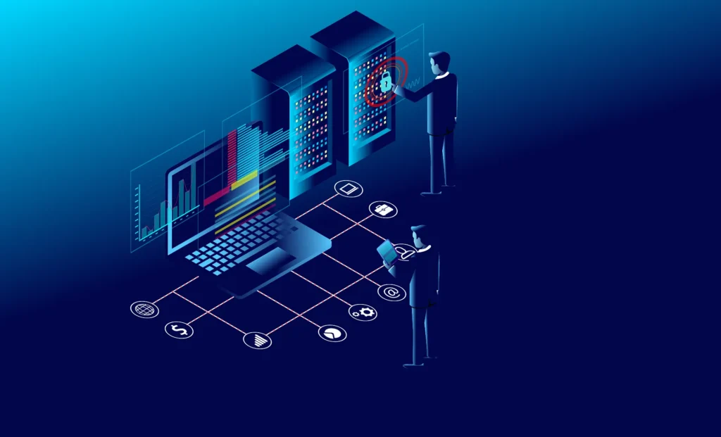 Two business professionals interact with data visualizations on a laptop and servers, representing data analytics and technology integration.