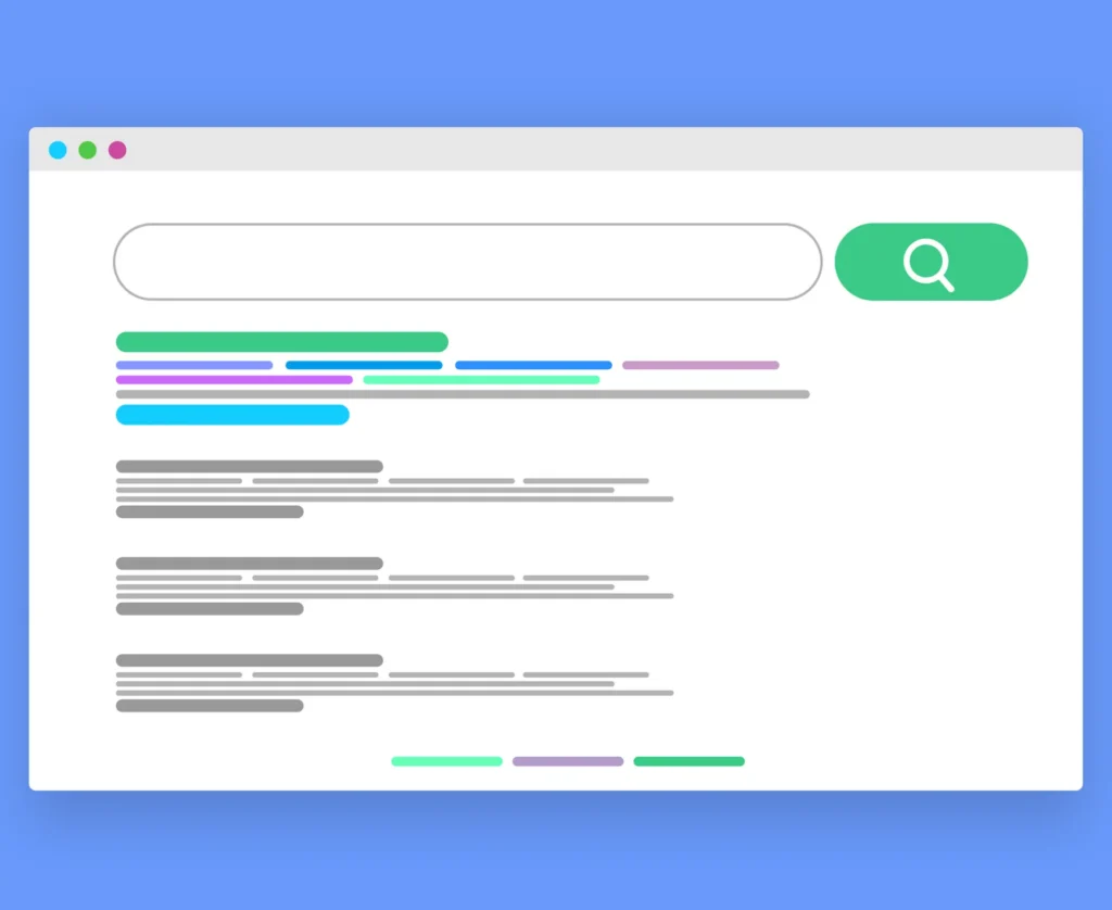 A minimalist web browser interface displaying a search bar and a list of search results highlighted with various colors. further indicating plus points of fast website hosting