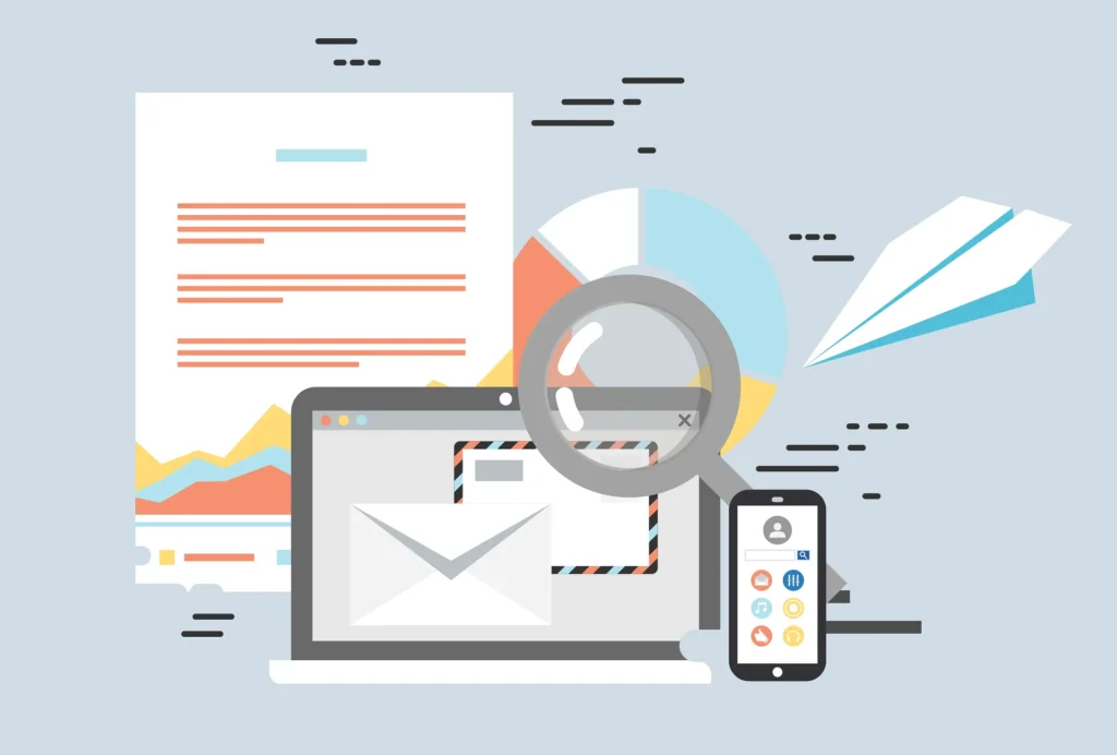 Illustration of a laptop displaying an email, a smartphone with apps, and a paper with graphs, symbolizing digital communication and analytics.