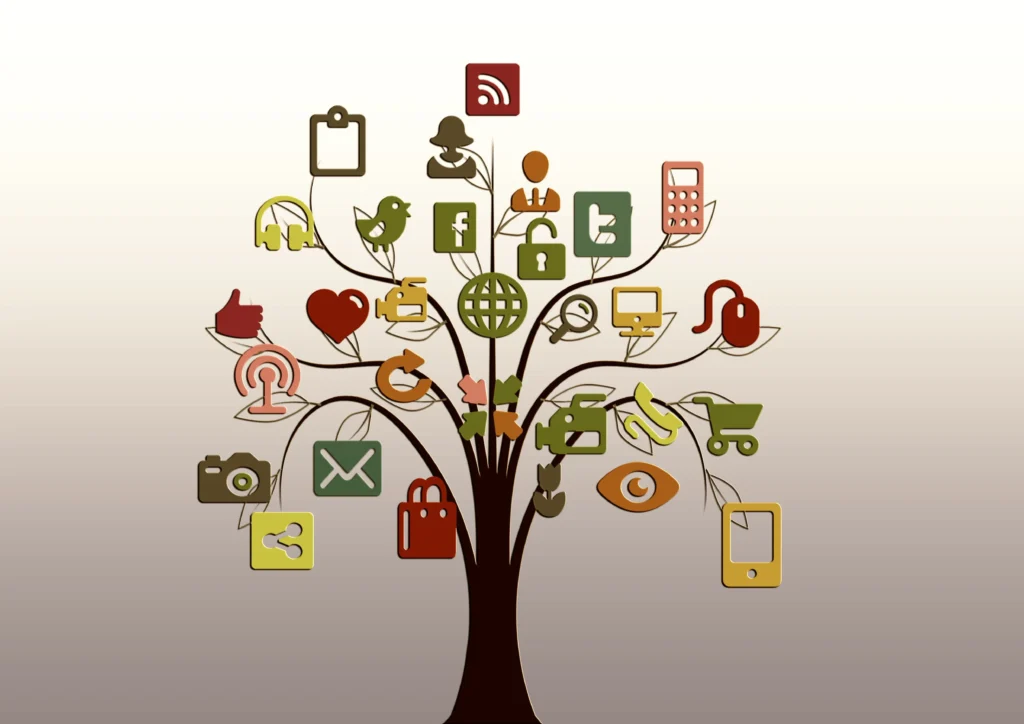 A stylized tree made of various social media and technology icons, symbolizing connectivity and digital interaction.