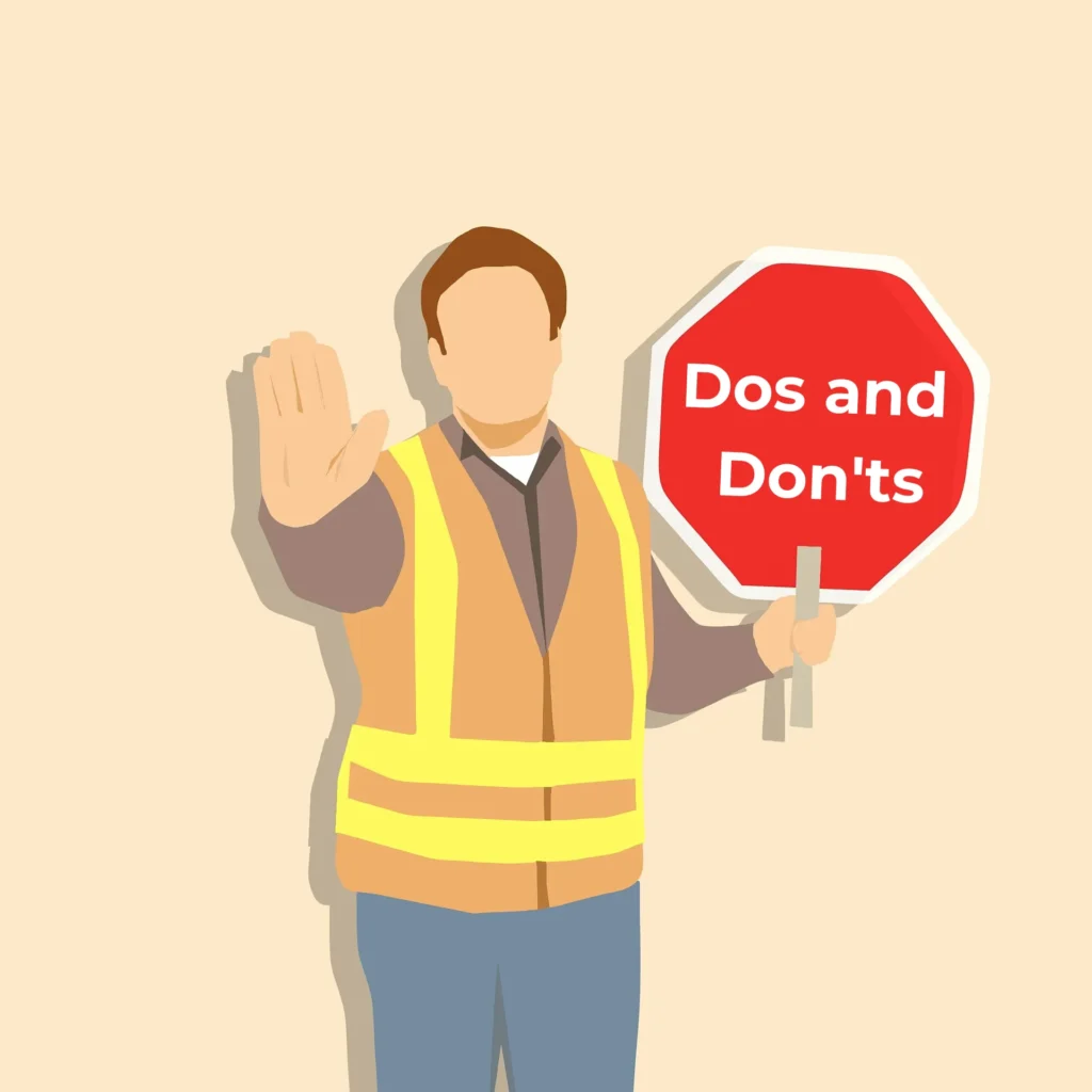 A worker in a safety vest holds a red stop sign labeled "Dos and Don'ts," signaling caution with a raised hand.