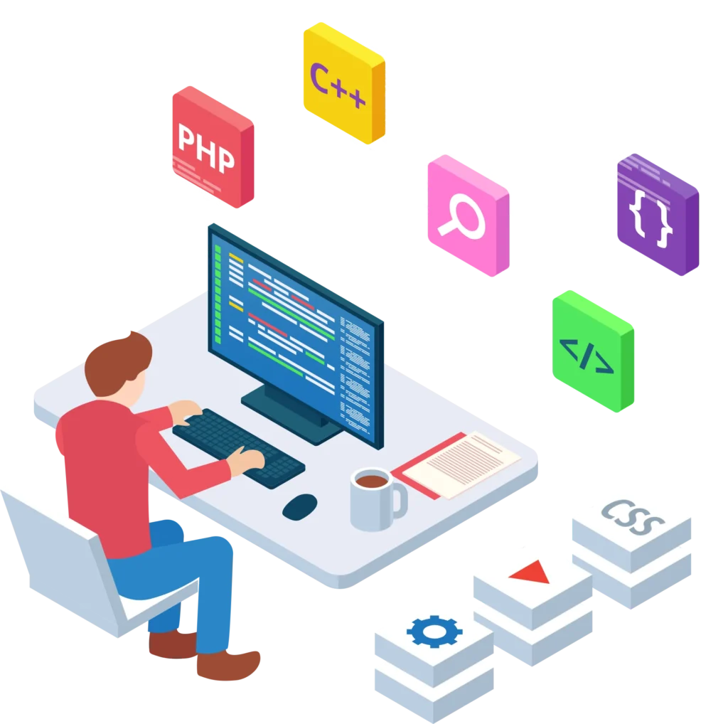 A programmer is coding at a desk with a computer, surrounded by icons representing various programming languages and tools, while focusing on writing SEO friendly code.