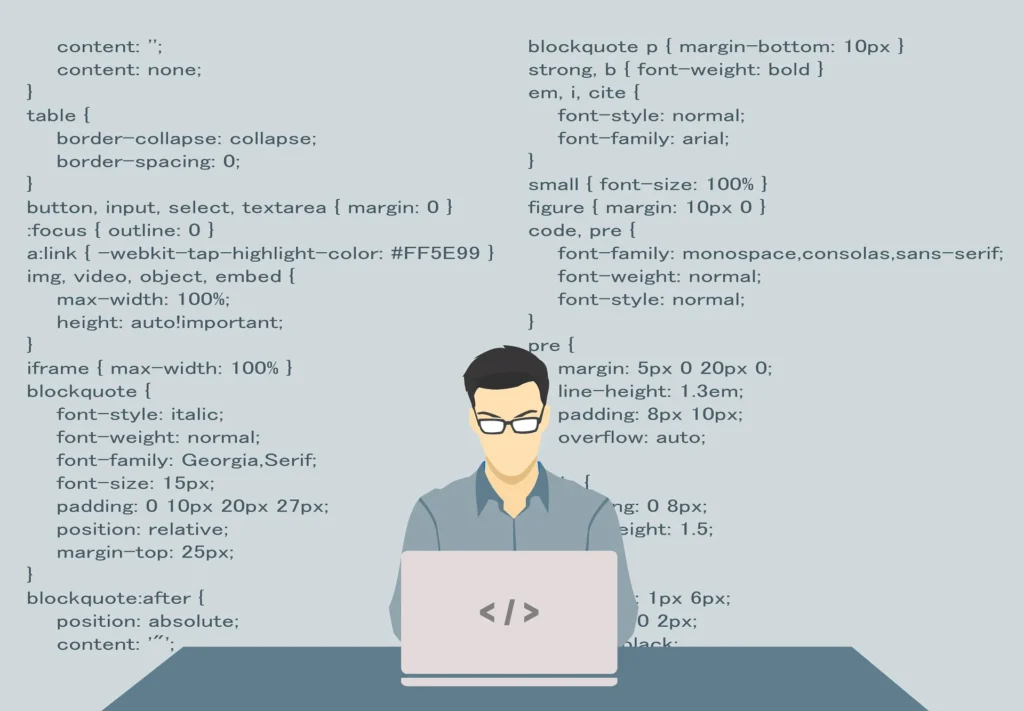 A person sits at a desk, typing on a laptop, with lines of SEO friendly code displayed in the background on a light blue wall.