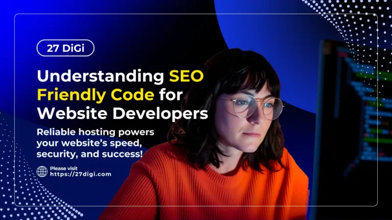 A person in an orange sweater focuses on coding, with a colorful abstract background and text about SEO-friendly code for developers.