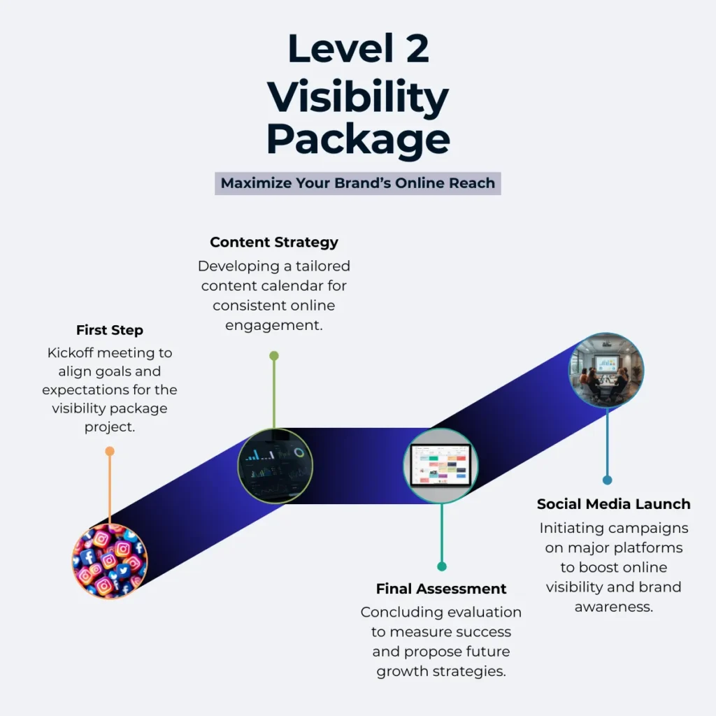 Infographic outlining the "Level 2 Visibility Package," detailing steps: kickoff meeting, content strategy, social media launch, and final assessment for online growth.