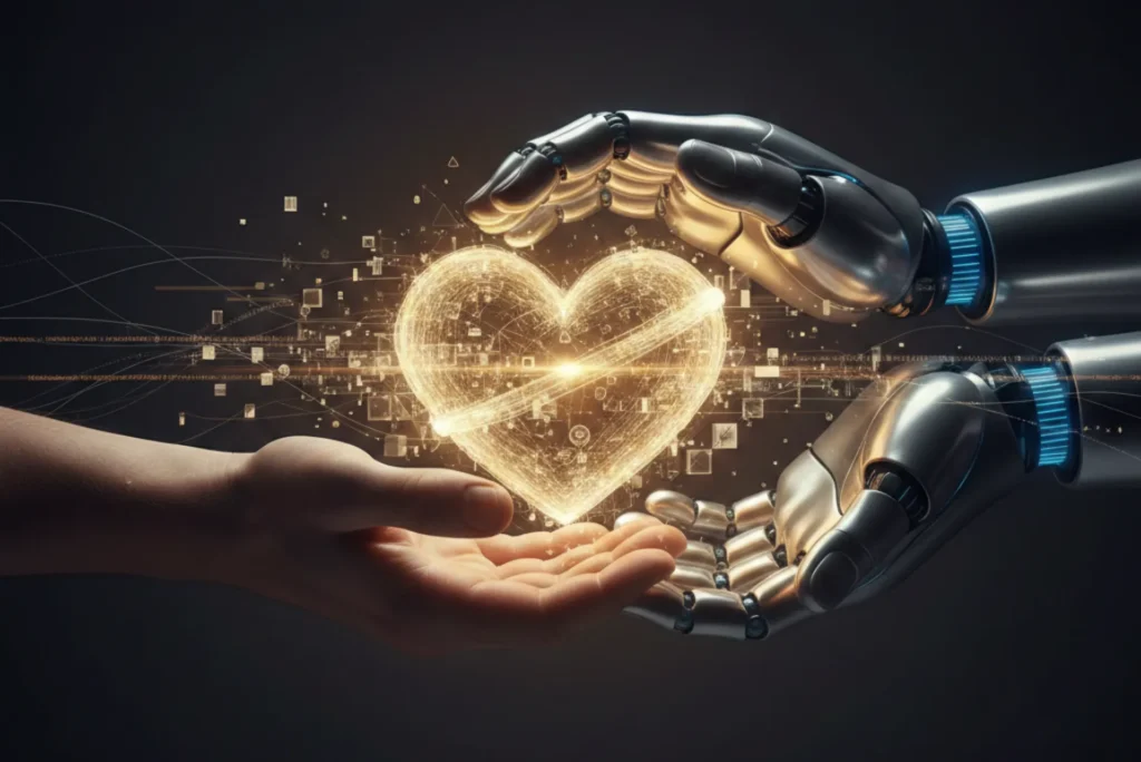 27 DiGi Why Real Humans Still Beat AI? – The Ultimate AI vs Human Branding Showdown 3 A human hand and a robotic hand hold a glowing heart symbol, surrounded by digital elements, symbolizing the fusion of technology and emotion. which nullifies the ai vs human branding debate