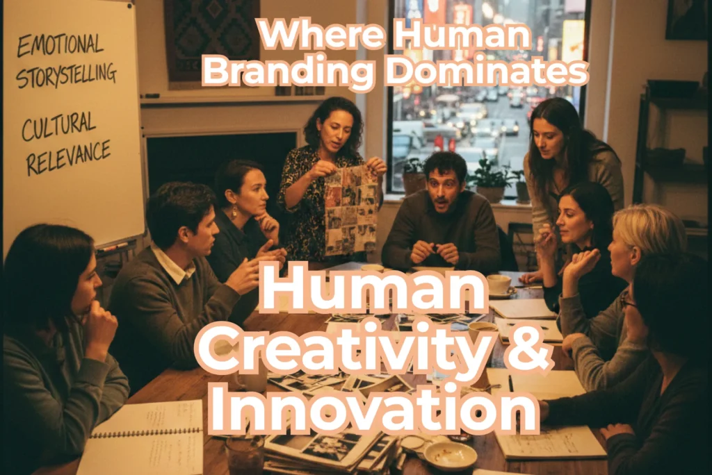 27 DiGi Why Real Humans Still Beat AI? – The Ultimate AI vs Human Branding Showdown 2 A creative meeting in a cozy space, featuring a group discussing ideas, with notes and photographs scattered on the table.