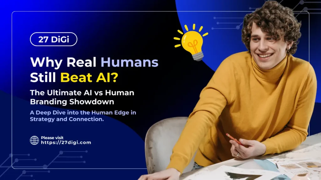 Smiling person in a yellow sweater pointing at documents beside text explaining why humans still beat AI in AI vs Human Branding strategy.