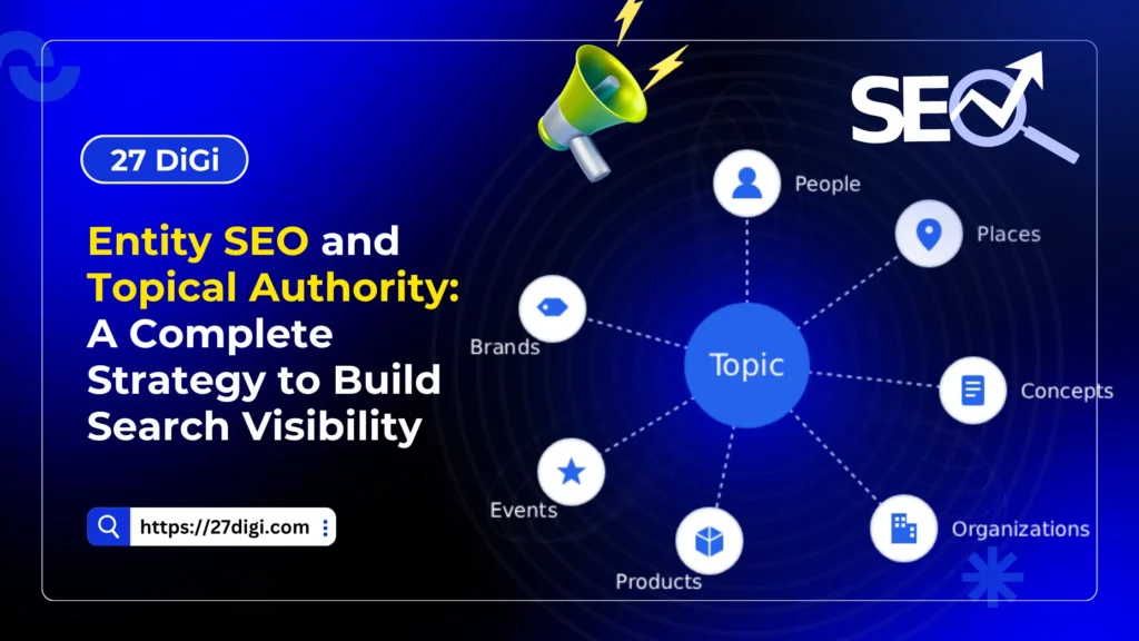 Graphic showing "Entity SEO and Topical Authority: A Complete Strategy to Build Search Visibility" with a topic hub linking people, places, concepts, organizations, products, events, and brands.