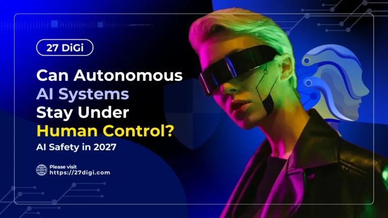 Promotional graphic featuring a visor-wearing figure and AI profile, asking whether autonomous AI systems will remain under human control.