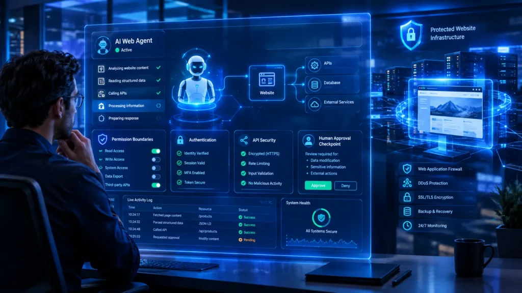 Person monitors a secure AI web agent dashboard showing website analysis, API controls, authentication, and cybersecurity protections.