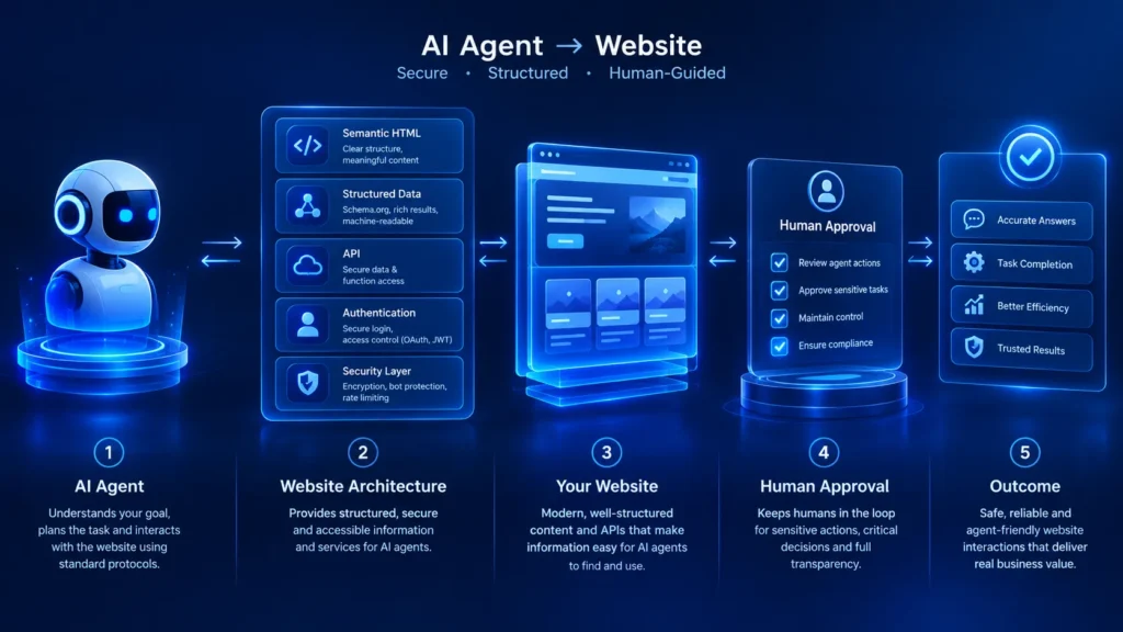 Infographic showing a five-step AI agent-to-website workflow: secure architecture, website, human approval, and trusted outcomes.