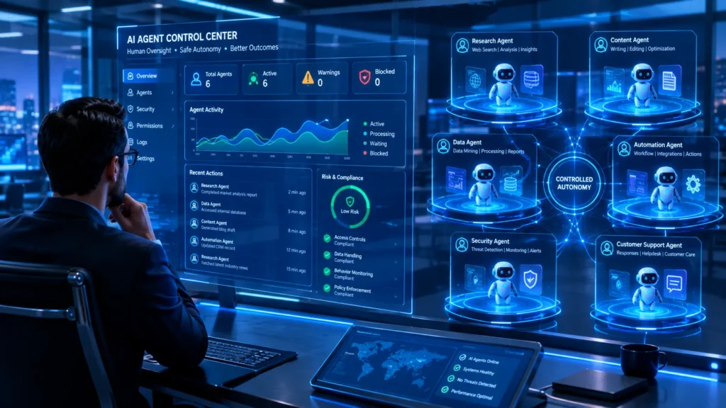 Man monitoring AI Agent Control Center with holographic interface showing six active AI agents and their roles in a futuristic office setting.