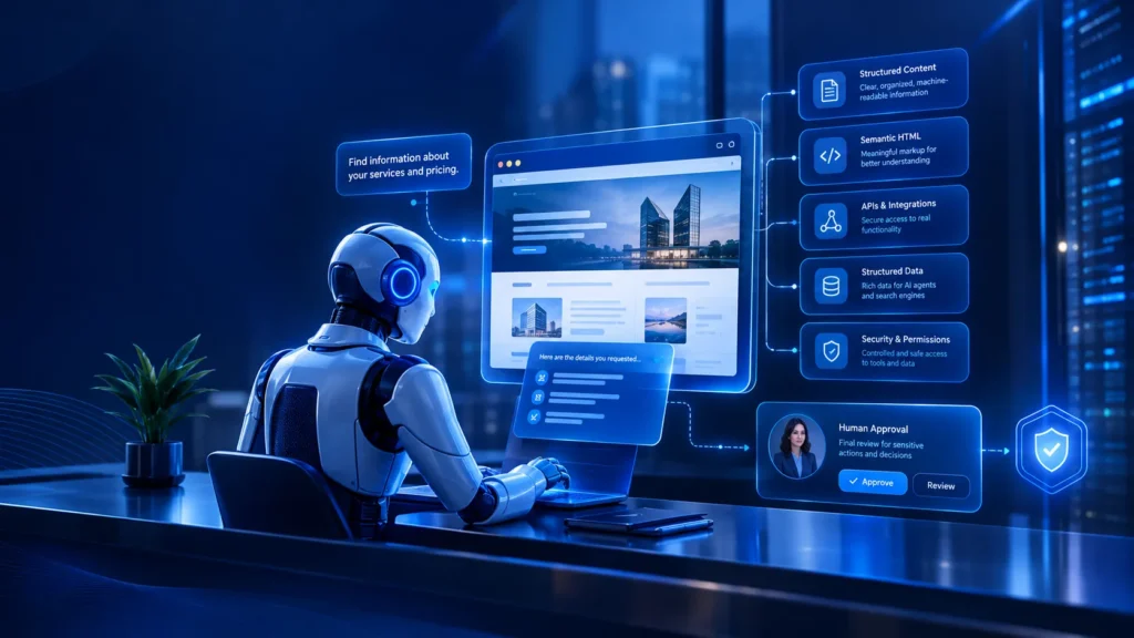 Futuristic robot using a computer interface with AI content tools, security features, and human approval workflow.