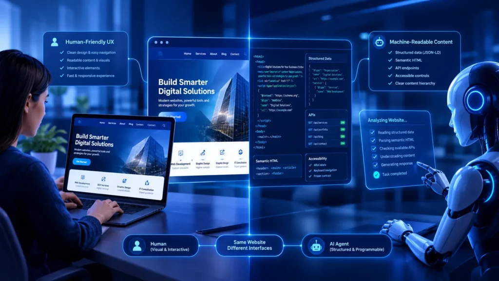 Illustration showing a human and AI robot interacting with agent friendly websites through user-friendly and machine-readable interfaces.