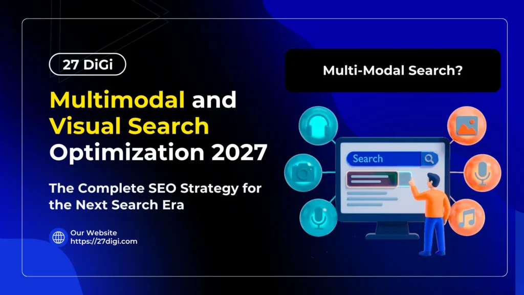Illustration of a man interacting with a search screen surrounded by icons representing multimodal and visual search optimization for 2027 SEO strategy.