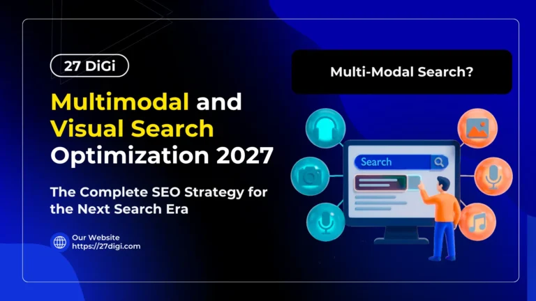 Illustration of a man interacting with a search screen surrounded by icons representing multimodal and visual search optimization for 2027 SEO strategy.