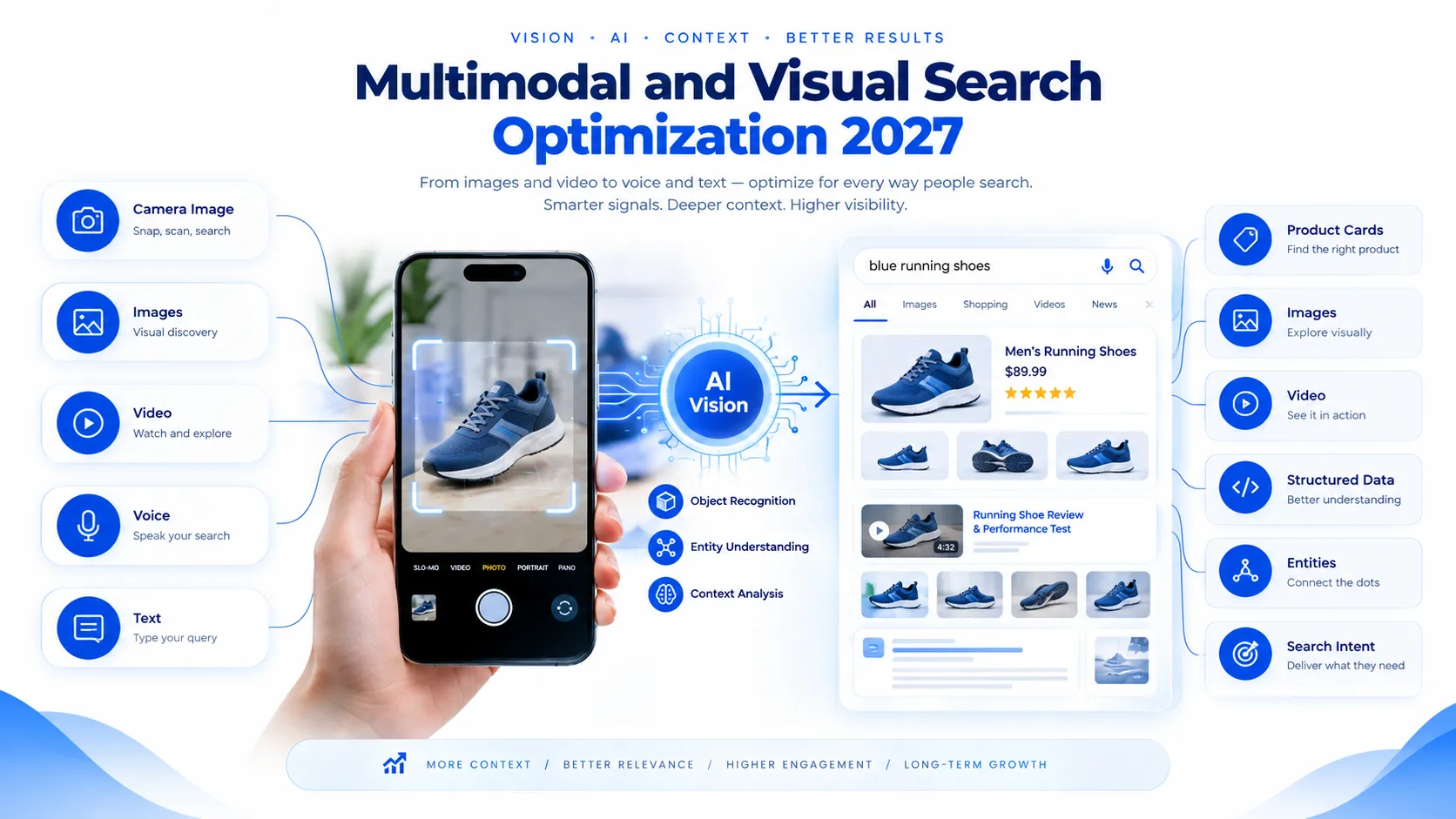 Infographic showing 2027 multimodal and visual search optimization using AI vision for images, voice, text, context analysis, and product search.