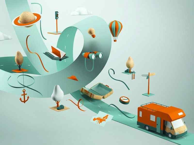 Image 13 A Whimsical 3D illustration Of a Miniature Camping Scene With An RV, Trees, And Floating Objects.